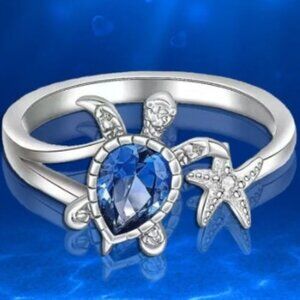 Turtle Ring Blue Gemstone Ocean Inspired Beach Party Alloy & Glass size 8